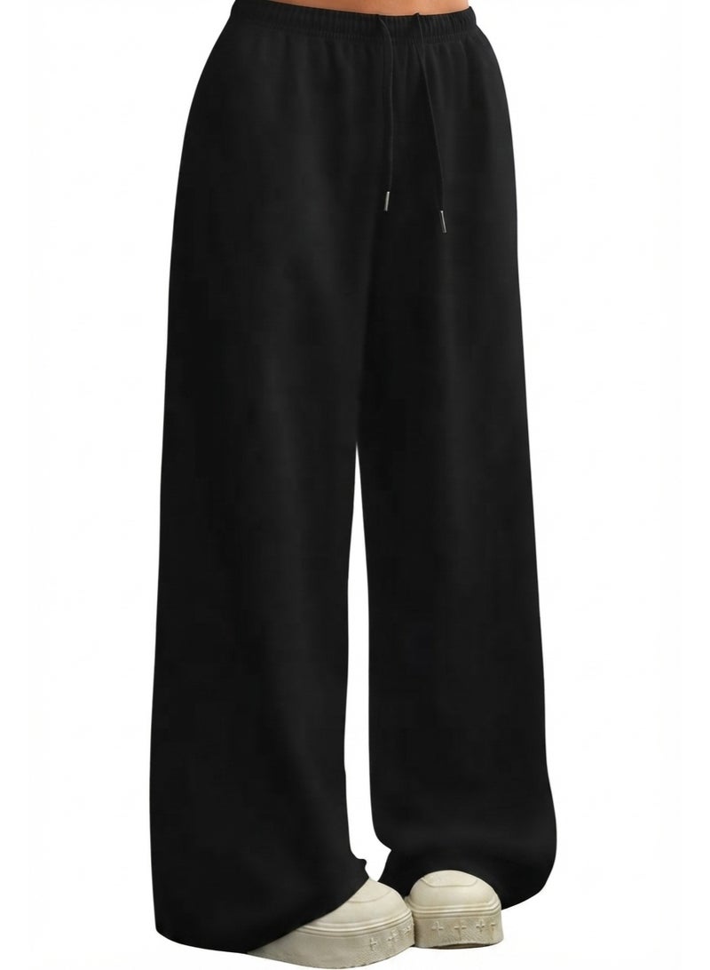 Women's Casual Fleece Wide-Leg Sweatpants with Adjustable Drawstring - Black - Image 2