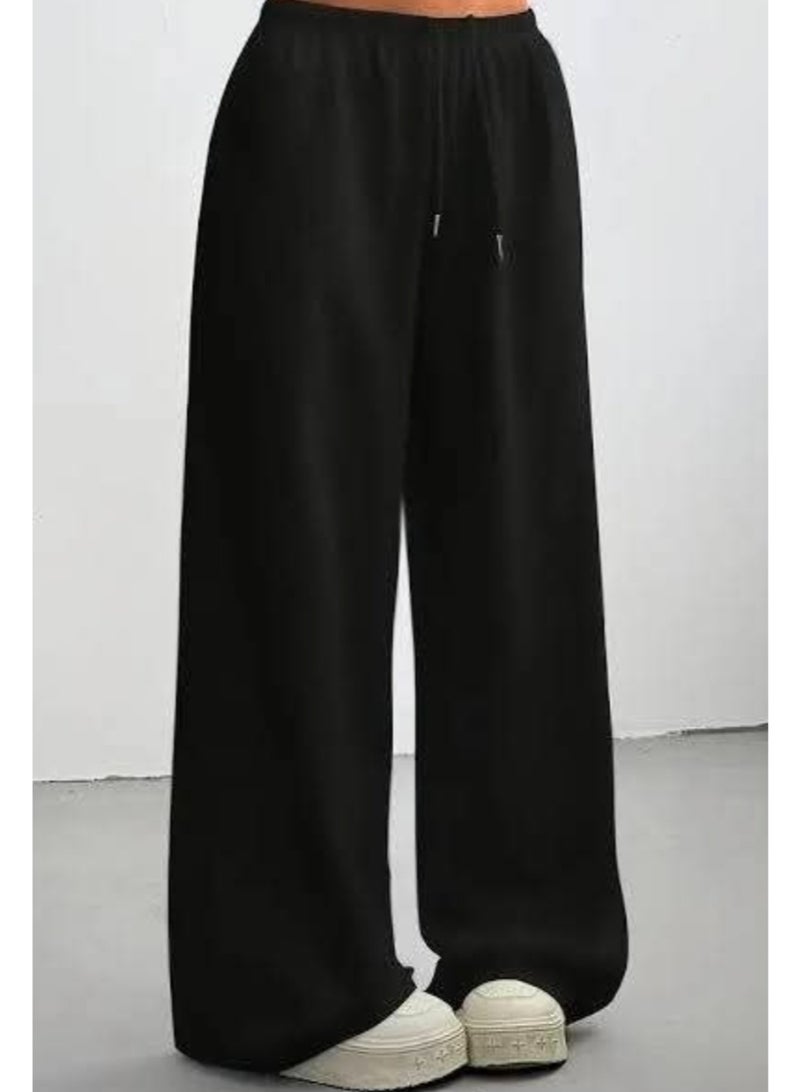 Women's Casual Fleece Wide-Leg Sweatpants with Adjustable Drawstring - Black - Image 1