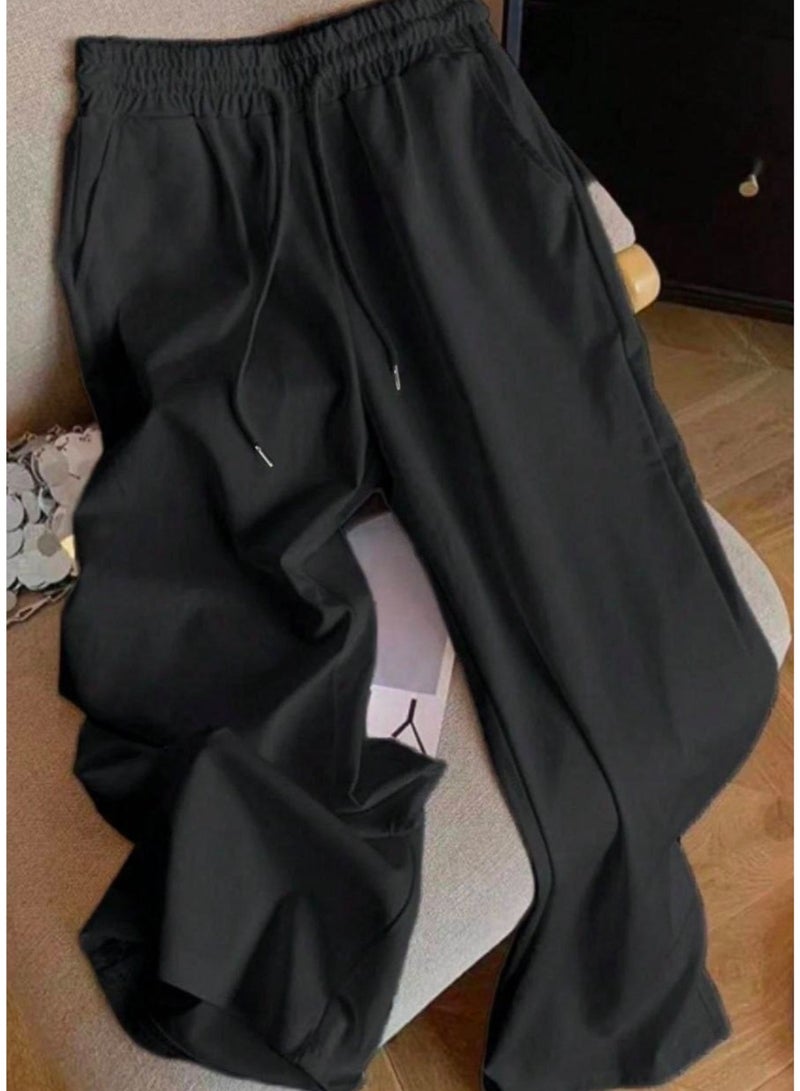 Women's Casual Fleece Wide-Leg Sweatpants with Adjustable Drawstring - Black - Image 4