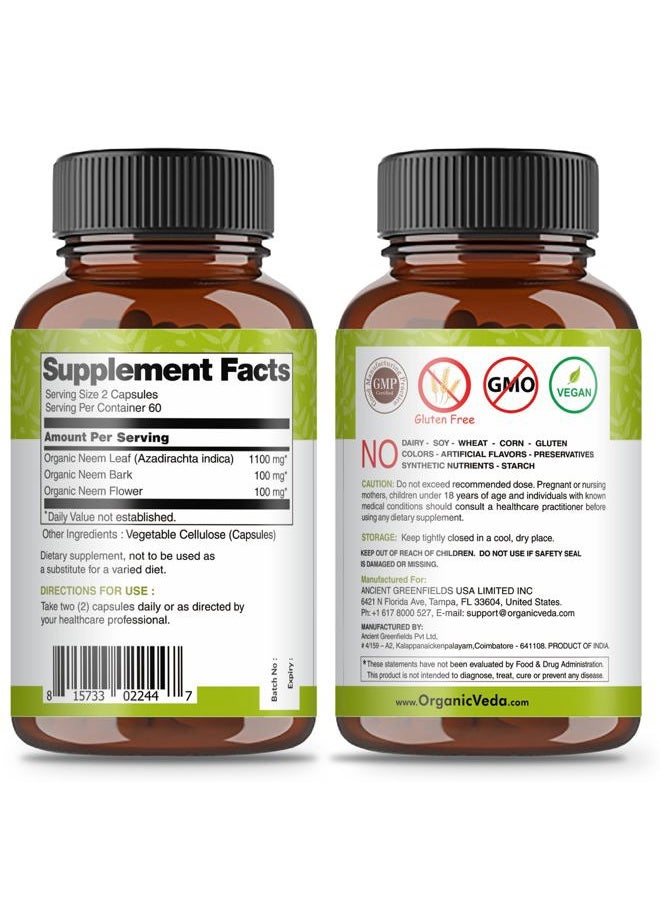 Neem Capsules with Triple Complex Neem Leaf Extract, Bark & Flower - Herbal Neem Supplement Boosts Immunity, Improves Digestion, Skin Health & Support Cleansing - 120 Count