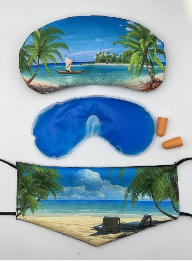 Samtrish Beach-Themed Sleep Mask Set with Cooling Gel Eye Mask, Face Cover & Earplugs – Travel Essentials for Deep Sleep & Stress Relief - Image 1