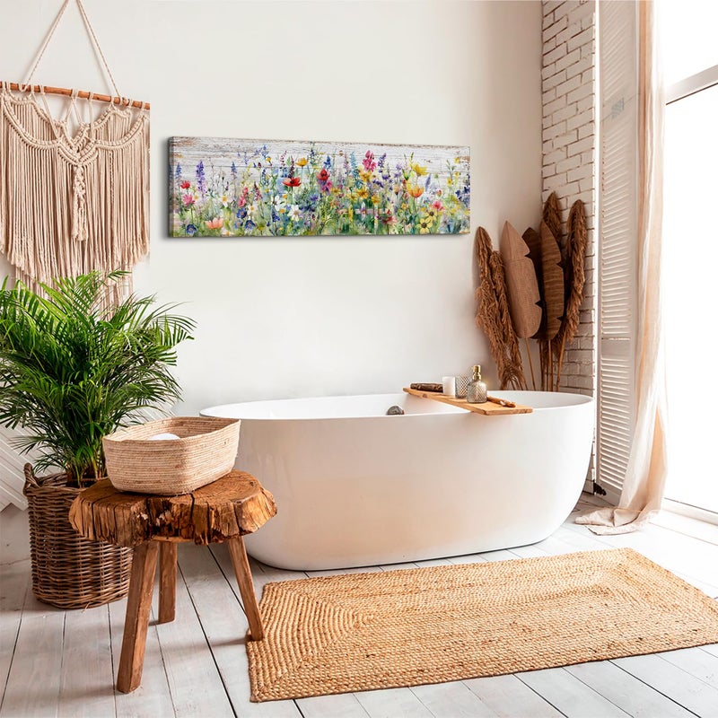 AREBOLO Rustic Wildflower Wall Art Colorful Farmhouse Floral Scenery Picture Decor Watercolor Flower Landscape Wood Grain Prints Painting Artwork for Living Room Office Bathroom Bedroom Home Decoration 14x48" - Image 2