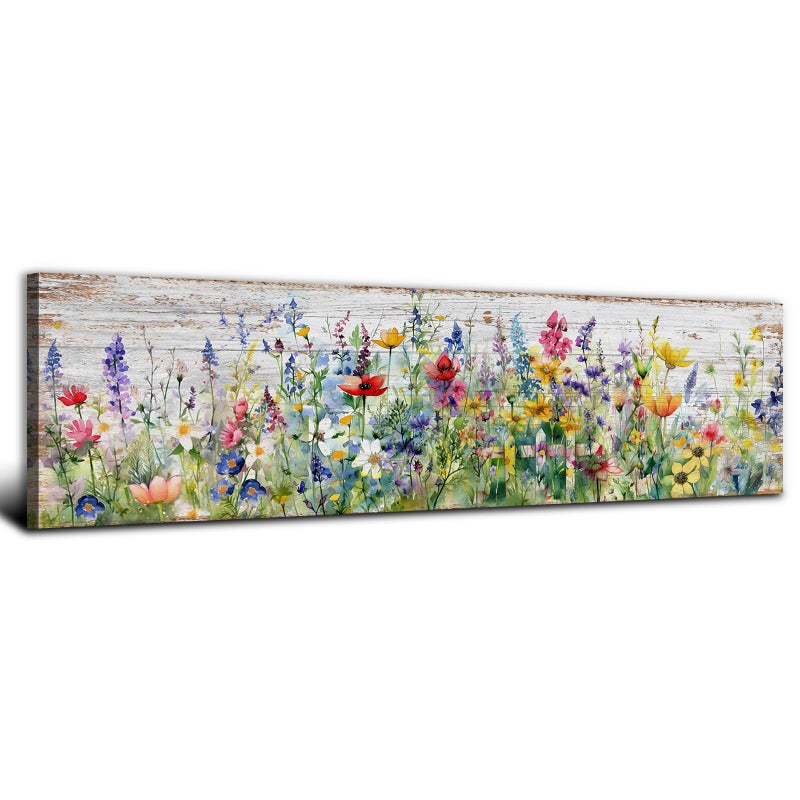 AREBOLO Rustic Wildflower Wall Art Colorful Farmhouse Floral Scenery Picture Decor Watercolor Flower Landscape Wood Grain Prints Painting Artwork for Living Room Office Bathroom Bedroom Home Decoration 14x48" - Image 1
