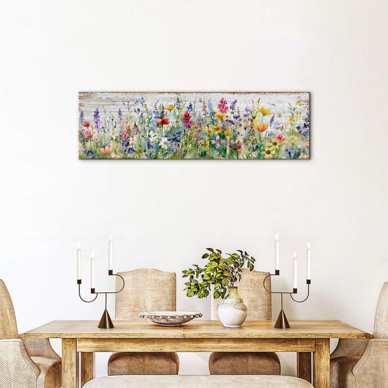AREBOLO Rustic Wildflower Wall Art Colorful Farmhouse Floral Scenery Picture Decor Watercolor Flower Landscape Wood Grain Prints Painting Artwork for Living Room Office Bathroom Bedroom Home Decoration 14x48" - Image 3
