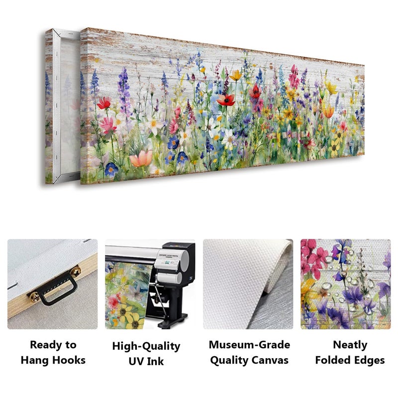 AREBOLO Rustic Wildflower Wall Art Colorful Farmhouse Floral Scenery Picture Decor Watercolor Flower Landscape Wood Grain Prints Painting Artwork for Living Room Office Bathroom Bedroom Home Decoration 14x48" - Image 5