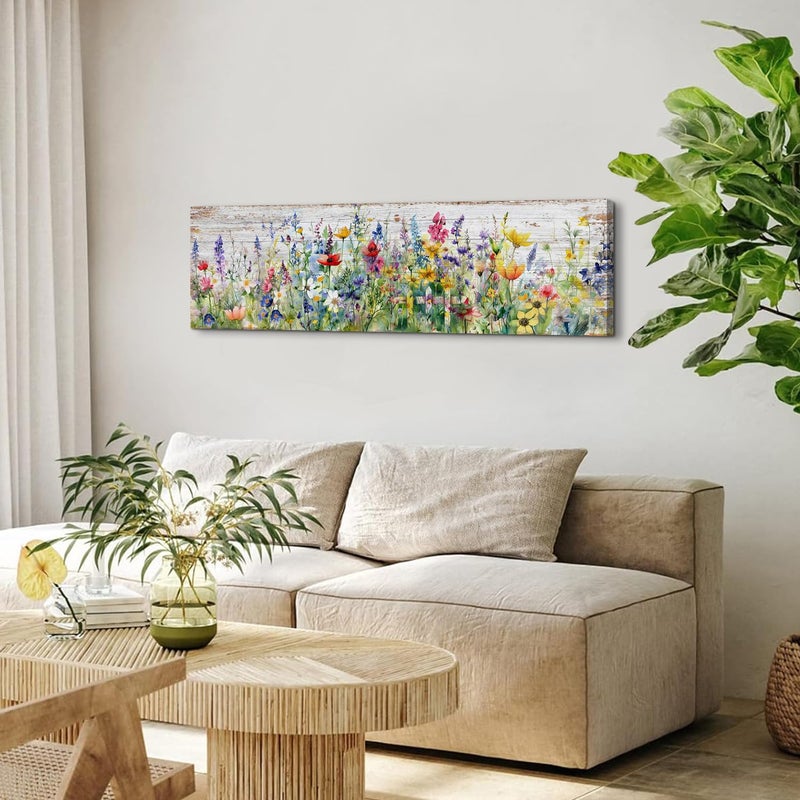 AREBOLO Rustic Wildflower Wall Art Colorful Farmhouse Floral Scenery Picture Decor Watercolor Flower Landscape Wood Grain Prints Painting Artwork for Living Room Office Bathroom Bedroom Home Decoration 14x48" - Image 4