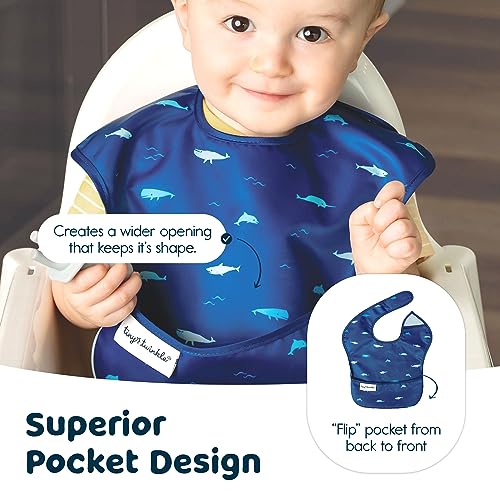 Tiny Twinkle Mess-Proof Baby Bibs for Eating | Waterproof, Wipeable Toddler Bibs with Catch-All Pocket | Feeding Bibs for Girls & Boys(3 Pack,Sea, Dino) - Image 5