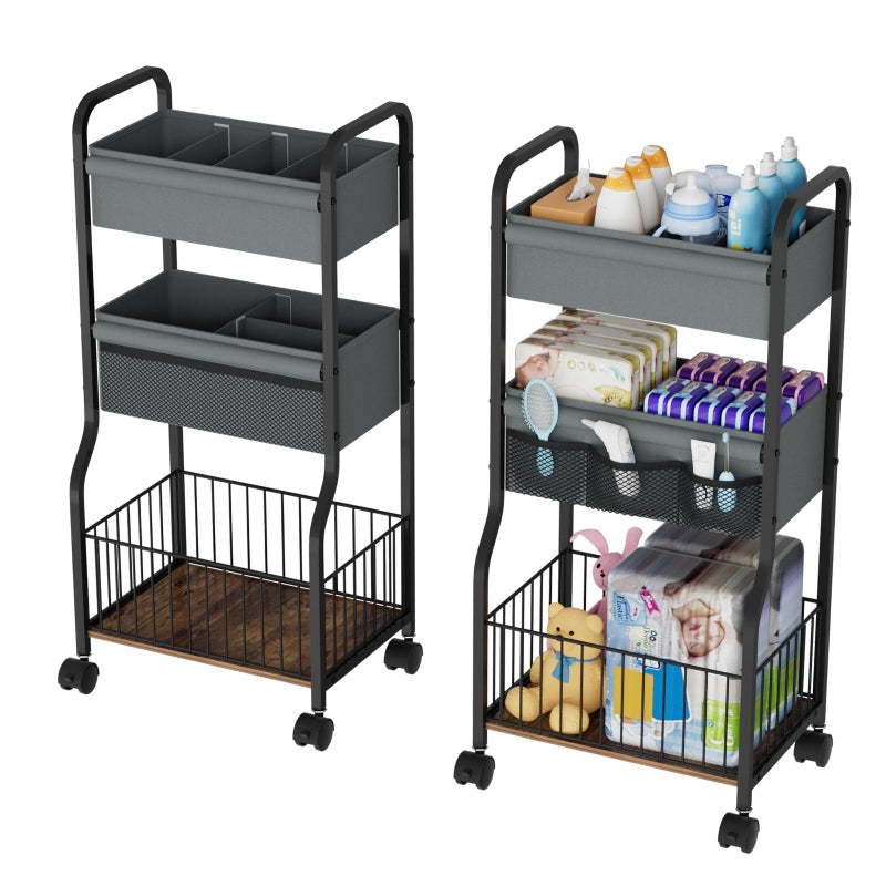 NEYCIL 3-tier Baby Diaper Caddy Organizer and Storage Cart with 4+3 Dividers, Metal Utility Cart with Lockable Wheels for Nursery, Bedroom, Bathroom, Black - Image 1