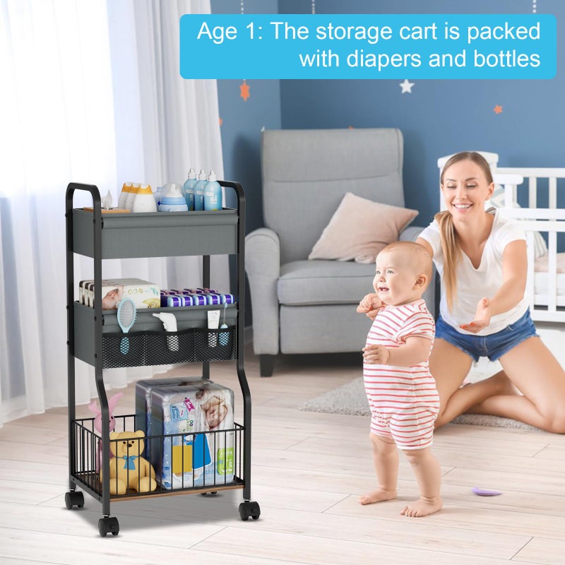 NEYCIL 3-tier Baby Diaper Caddy Organizer and Storage Cart with 4+3 Dividers, Metal Utility Cart with Lockable Wheels for Nursery, Bedroom, Bathroom, Black - Image 3