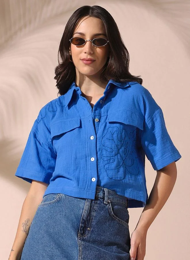 Dennis Lingo Women's Blue 100% Cotton Solid Pattern Button Down Relaxed Shirt