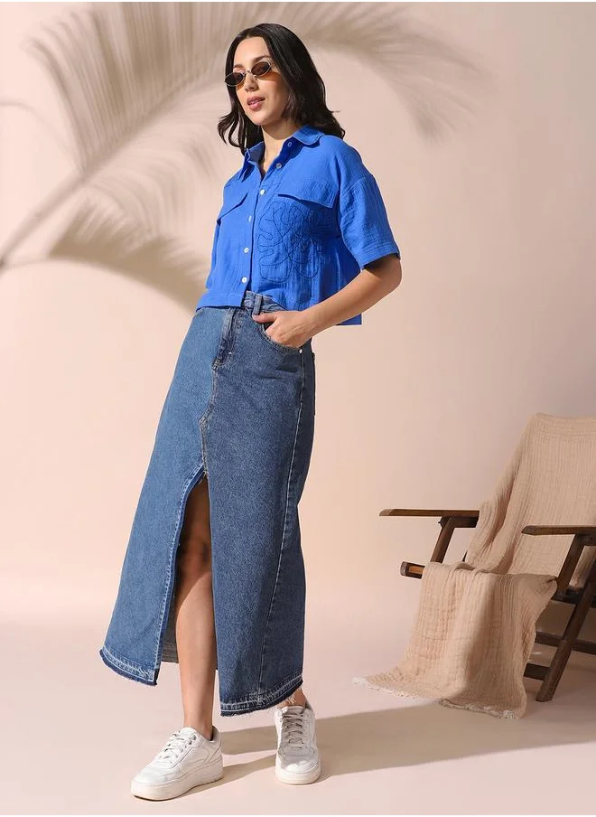 Dennis Lingo Women blue relaxed fit solid half sleeves button down 100% cotton shirts with button closure featuring a spread collar- your next go-to for effortless flair.