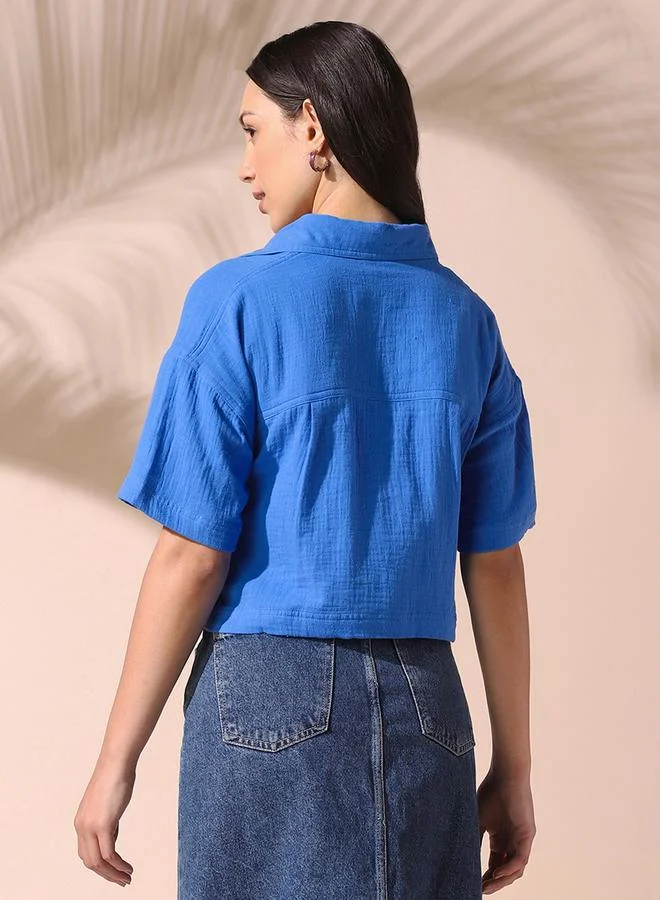 Dennis Lingo Women's Blue 100% Cotton Solid Pattern Button Down Relaxed Shirt