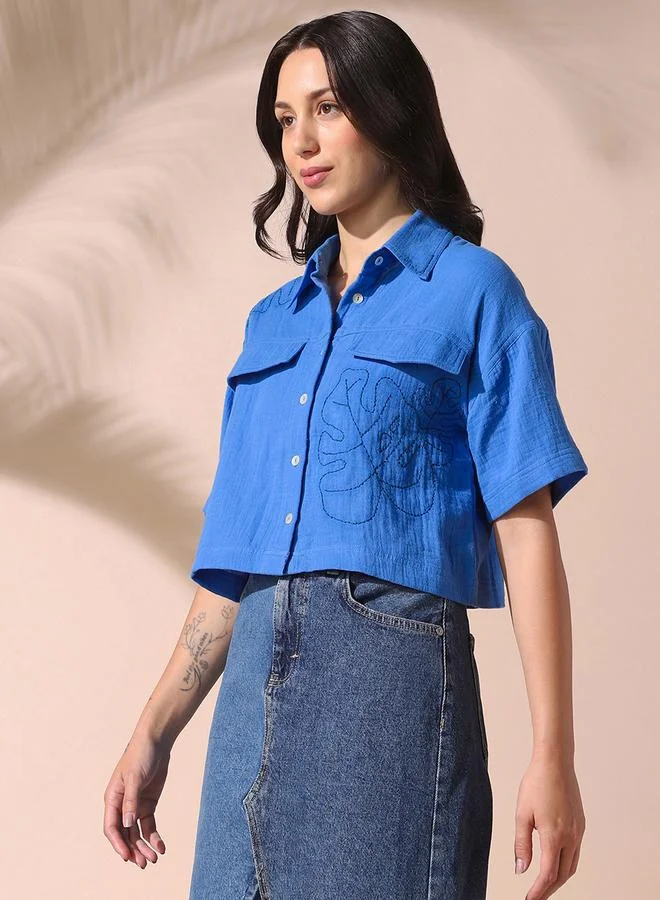 Dennis Lingo Women's Blue 100% Cotton Solid Pattern Button Down Relaxed Shirt
