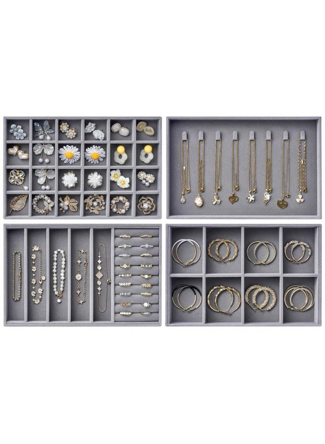 pickpiff Velvet Jewelry Drawer Organizer Trays – Large Grey Stackable Jewelry Storage Inserts Set, 4-Layer Jewelry Tray Set for Earrings, Rings, Necklaces, Bracelets with Removable Dividers for Dresser, Vanity - Image 1