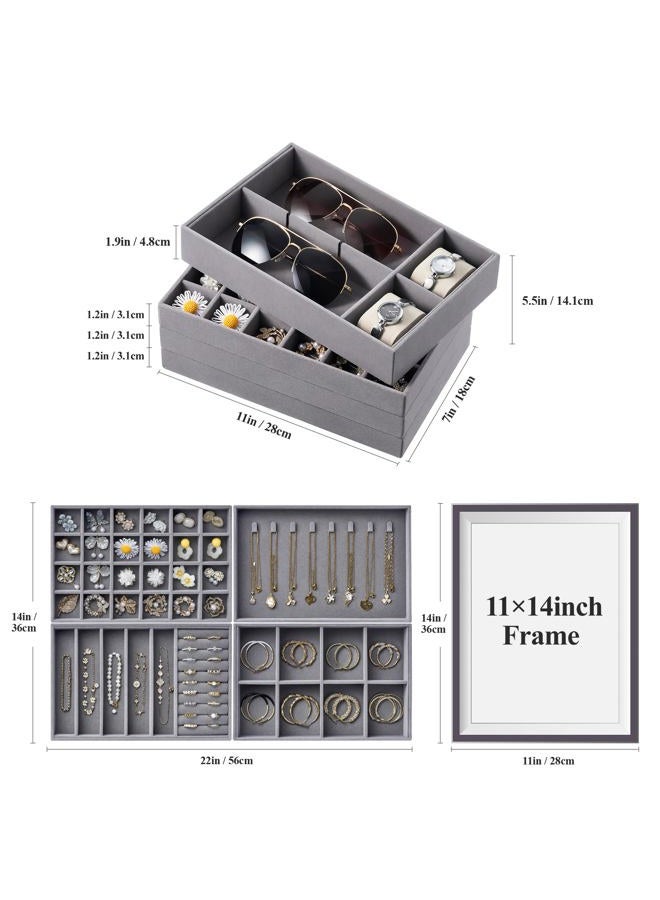 pickpiff Velvet Jewelry Drawer Organizer Trays – Large Grey Stackable Jewelry Storage Inserts Set, 4-Layer Jewelry Tray Set for Earrings, Rings, Necklaces, Bracelets with Removable Dividers for Dresser, Vanity - Image 2