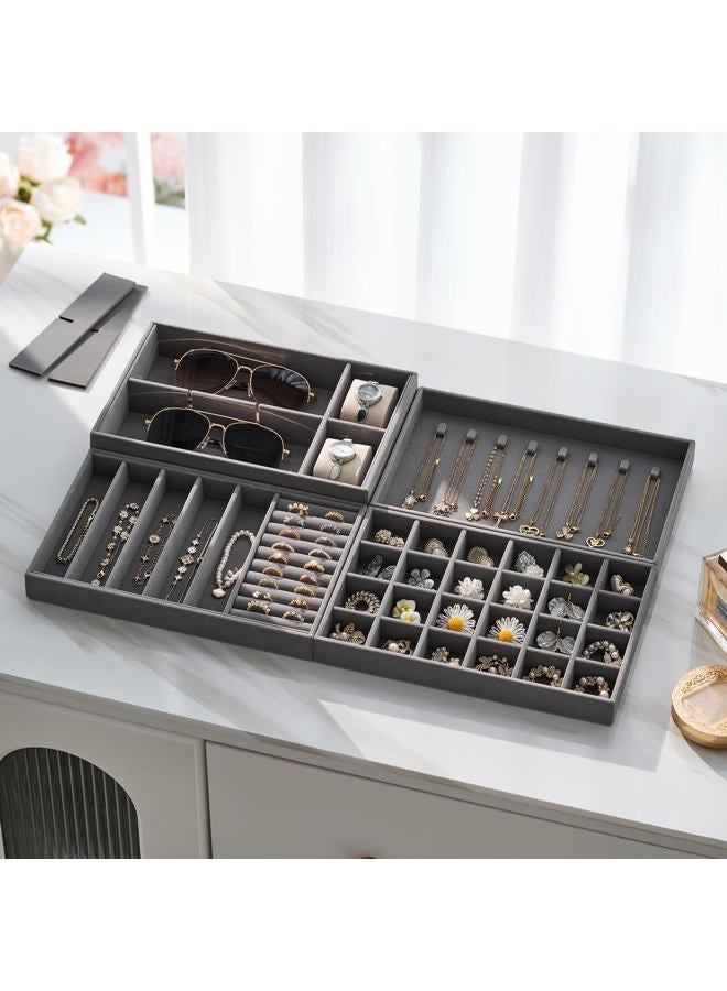 pickpiff Velvet Jewelry Drawer Organizer Trays – Large Grey Stackable Jewelry Storage Inserts Set, 4-Layer Jewelry Tray Set for Earrings, Rings, Necklaces, Bracelets with Removable Dividers for Dresser, Vanity - Image 5
