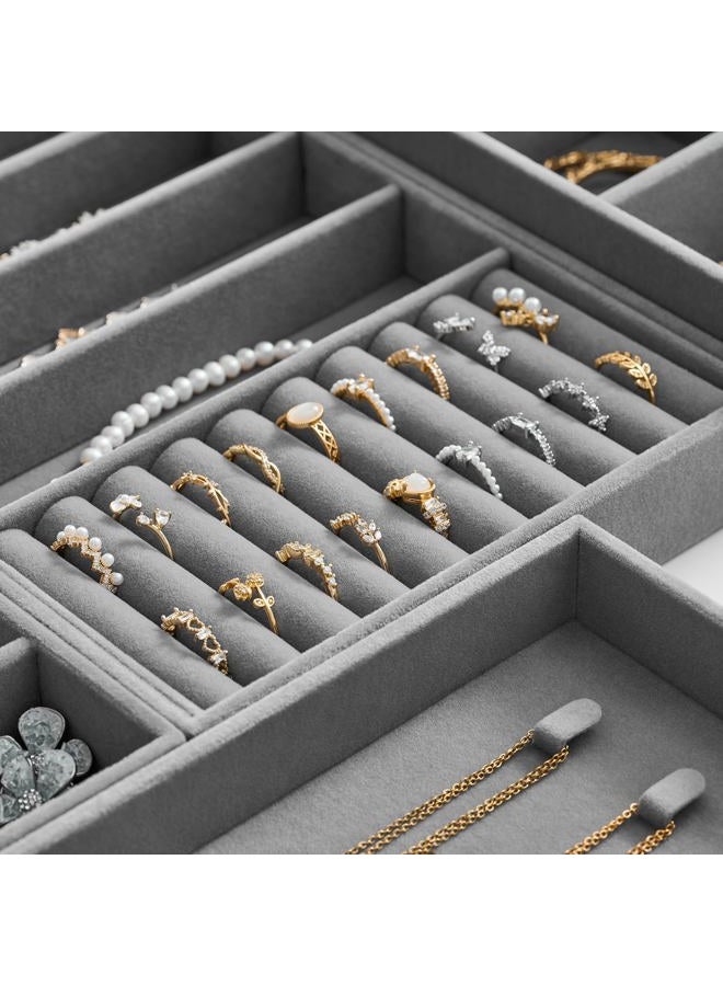 pickpiff Velvet Jewelry Drawer Organizer Trays – Large Grey Stackable Jewelry Storage Inserts Set, 4-Layer Jewelry Tray Set for Earrings, Rings, Necklaces, Bracelets with Removable Dividers for Dresser, Vanity - Image 4