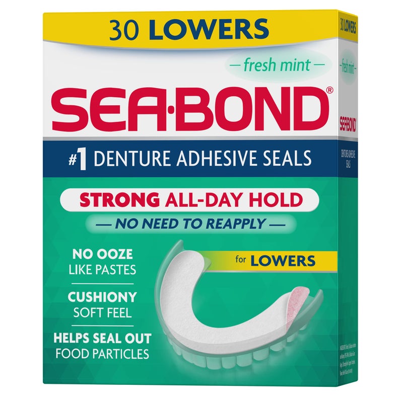 Sea-Bond Sea Bond Secure Denture Adhesive Seals, Fresh Mint Lowers, Zinc-Free, All-Day-Hold, Mess-Free, 30 Count (Pack of 1) 