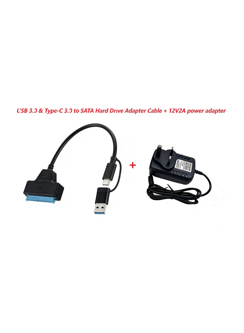 كابل محول قرص صلب SATA مع محول طاقة مخصص 12V/2A - محول HDD/SSD خارجي بواجهة مزدوجة للقرص SATA 2.5"/3.5"، محركات الأقراص الضوئية - توصيل وتشغيل، 5Gbps، مؤشر LED، دعم OTG - متوافق مع Windows/macOS/Linux - Image 1
