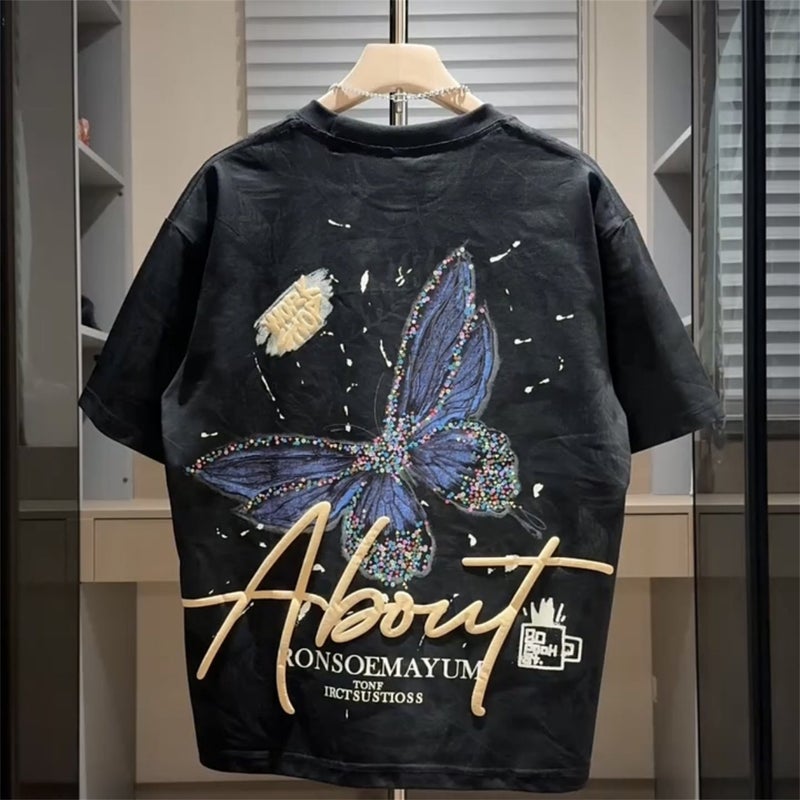 Butterfly embroidery printed trendy short-sleeved men's 2025 summer new casual and versatile breathable T-shirt, handsome and half-sleeved - Image 1