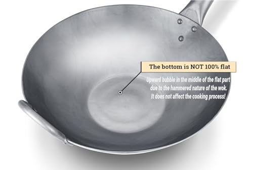 Craft Wok Flat Hand Hammered Carbon Steel Pow Wok with Wooden and Steel Helper Handle (12 Inch, Flat Bottom) / 731W316-12in - Image 3