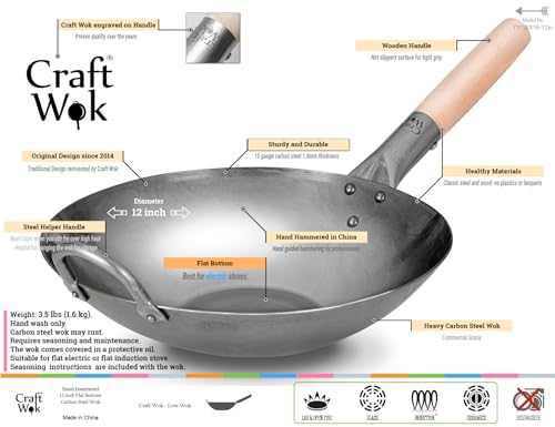Craft Wok Flat Hand Hammered Carbon Steel Pow Wok with Wooden and Steel Helper Handle (12 Inch, Flat Bottom) / 731W316-12in - Image 2