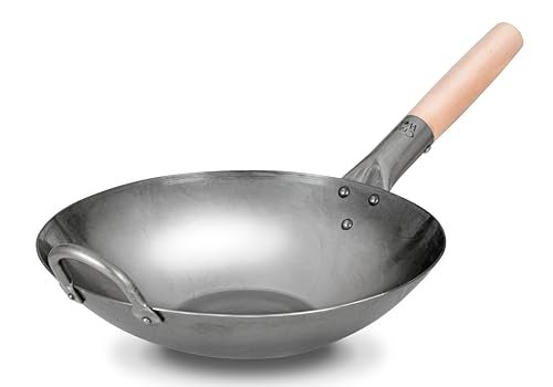 Craft Wok Flat Hand Hammered Carbon Steel Pow Wok with Wooden and Steel Helper Handle (12 Inch, Flat Bottom) / 731W316-12in - Image 1