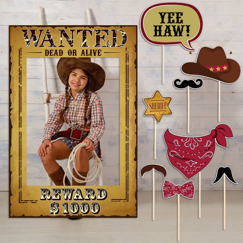 Blulu 9 Pieces West Wanted Photo Booth Prop Kit Cowboy Party Decoration Cowboy Theme Photo Prop Set Wild Western Selfie Booth Poster for Cowgirl Rustic Party Supplies 2362 x 1574 Inch