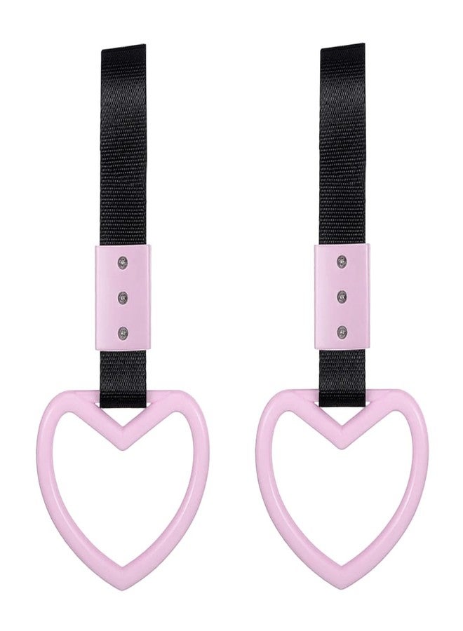 GLSOWEE 2PCS Heart-Shaped Car Handle Straps, Auto Rear Bumper Warning Hand Pull Ring, Handle Strap Drift Charms Decor for Subway Bus (Light Pink) - Image 1