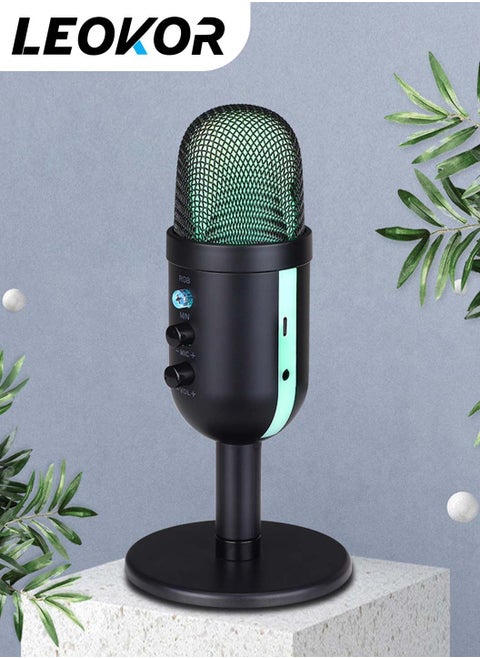 Gaming PC Microphone,USB Streaming Microphone for Podcast Game Chat,Computer Condenser Desktop Mic with RGB,Mute Button,Noise Cancellation Function