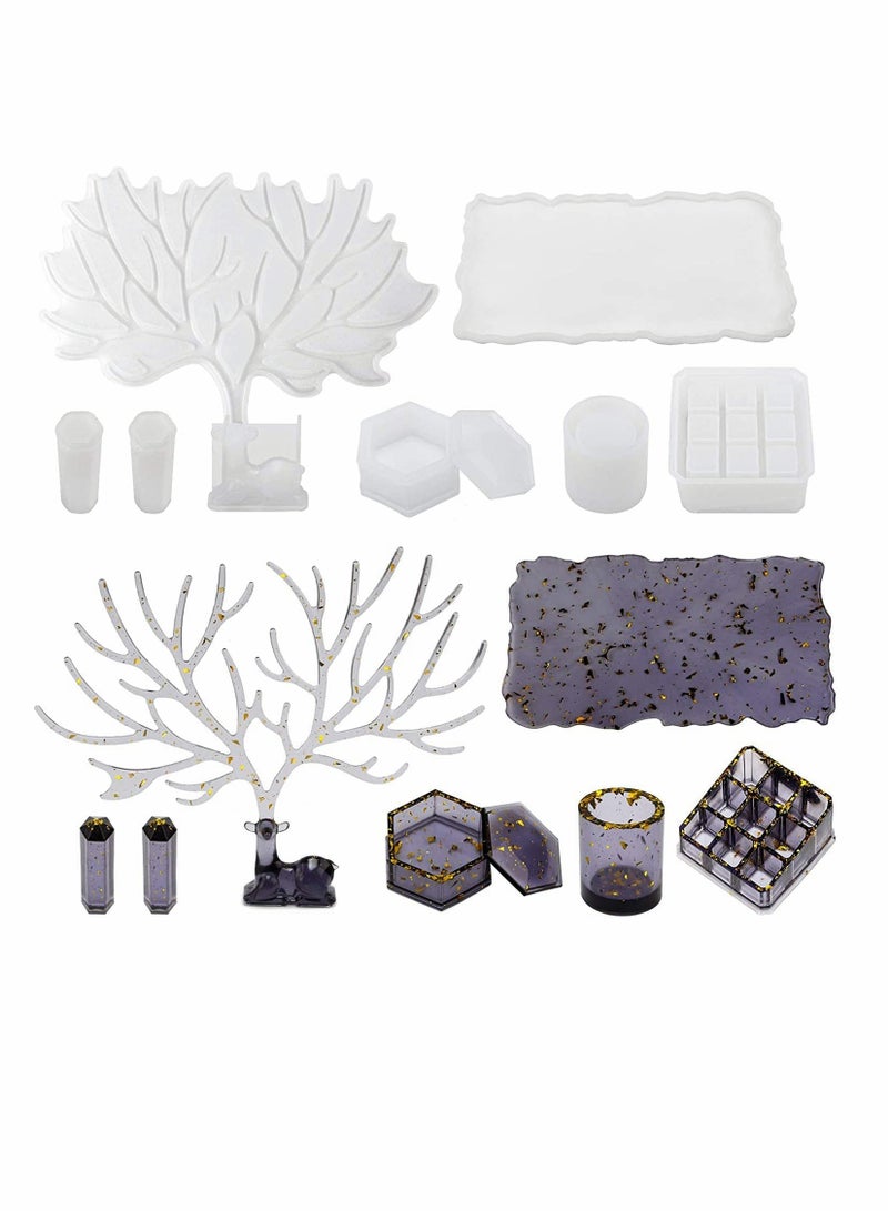 SYOSI Epoxy Resin Molds Box Molds Kit with Deer Hanging Bar, Lipstick Organizer, Hexagon Storage Box, Larger Tray & Crystal Pillars Box Molds for Making Resin Box - Image 1