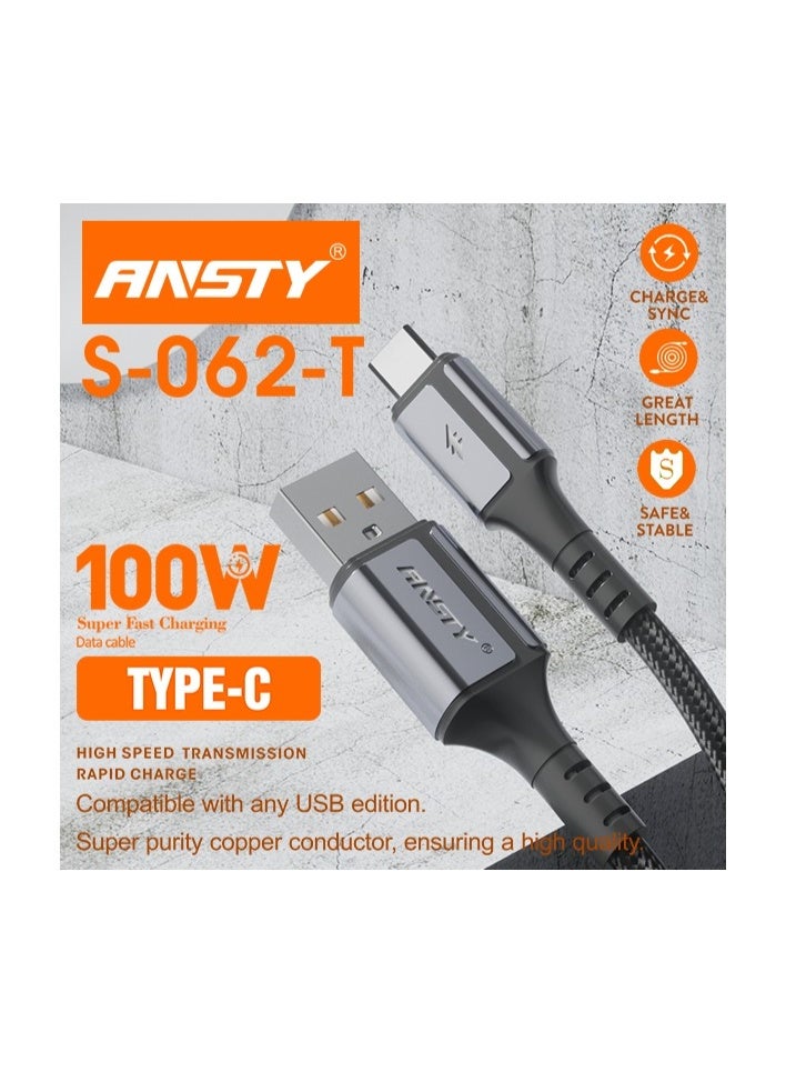ANSTY S-062-T 100W Type-C Cable - PD Super Fast Charging for Laptops & Phones, High-Speed Data Sync, and Reinforced Durable Design - Image 3