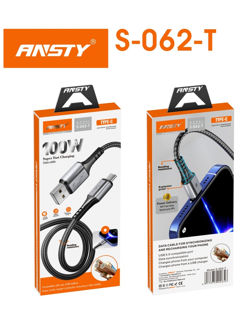 ANSTY S-062-T 100W Type-C Cable - PD Super Fast Charging for Laptops & Phones, High-Speed Data Sync, and Reinforced Durable Design - Image 4