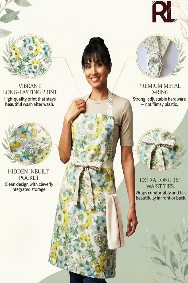 RUSTIQUE LINENS :Floral Yellow |100% Cotton Unisex Apron - Adjustable Neck Straps, Vibrant Print, Reinforced Stitching, Multipurpose & Deep Pocket - for Cooking,Catering,Gardening,Painting - Image 4
