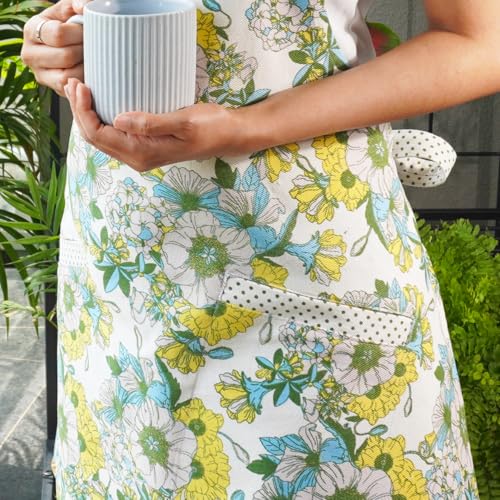 RUSTIQUE LINENS :Floral Yellow |100% Cotton Unisex Apron - Adjustable Neck Straps, Vibrant Print, Reinforced Stitching, Multipurpose & Deep Pocket - for Cooking,Catering,Gardening,Painting - Image 3