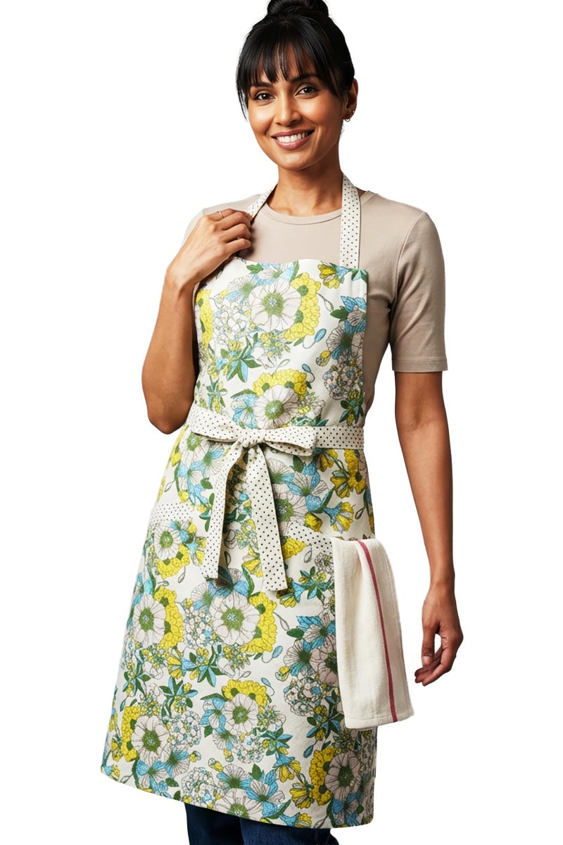 RUSTIQUE LINENS :Floral Yellow |100% Cotton Unisex Apron - Adjustable Neck Straps, Vibrant Print, Reinforced Stitching, Multipurpose & Deep Pocket - for Cooking,Catering,Gardening,Painting - Image 1