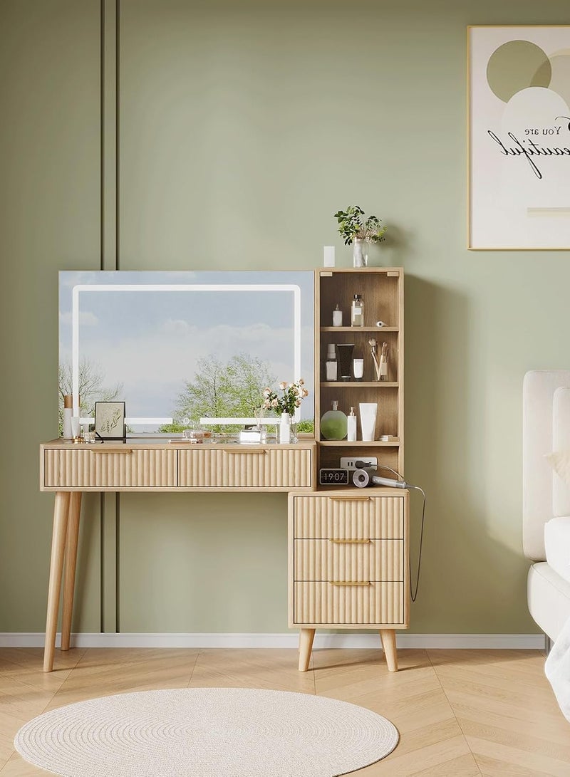 Sharpdo 48" Dressing Table with 36" Large Mirror and 3-Color LED Light Adjustment, 5 Drawers and Adjustable Shelves,Vanity Table 2 USB and 2 Sockets Makeup Table Without Mirror Brown Dressing Table Dresser Vanity Table 122*40*133cm