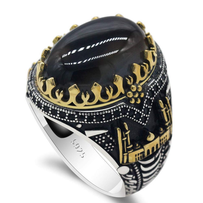 Qida Natural Agate S925 Pure Silver Black Agate Stone Men's Ring Vintage Castle Men's Ring Gothic Unique Bracelet (Size10) - Image 4