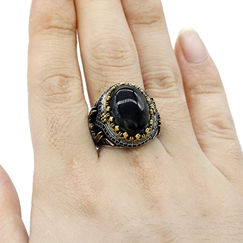 Qida Natural Agate S925 Pure Silver Black Agate Stone Men's Ring Vintage Castle Men's Ring Gothic Unique Bracelet (Size10) - Image 2