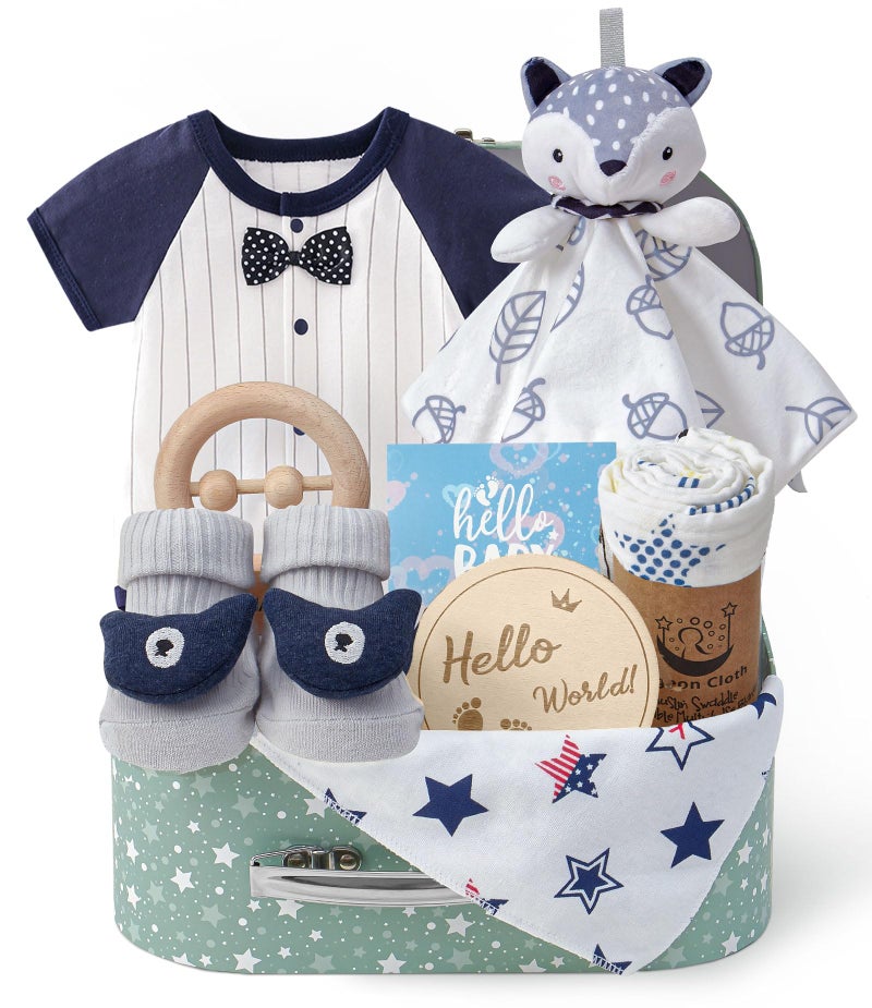 Golray Baby Boy Gifts for Baby Shower, 9pcs Newborn Essential with Fox Lovey/Blanket/Onesie/Wooden Rattle/Socks/Bib/Suitcase, Welcome Baby Gift Box Gender Reveal Infant Boy Gift Basket Set 0-6 Month - Image 1