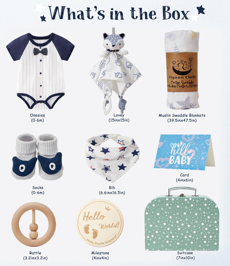 Golray Baby Boy Gifts for Baby Shower, 9pcs Newborn Essential with Fox Lovey/Blanket/Onesie/Wooden Rattle/Socks/Bib/Suitcase, Welcome Baby Gift Box Gender Reveal Infant Boy Gift Basket Set 0-6 Month - Image 5