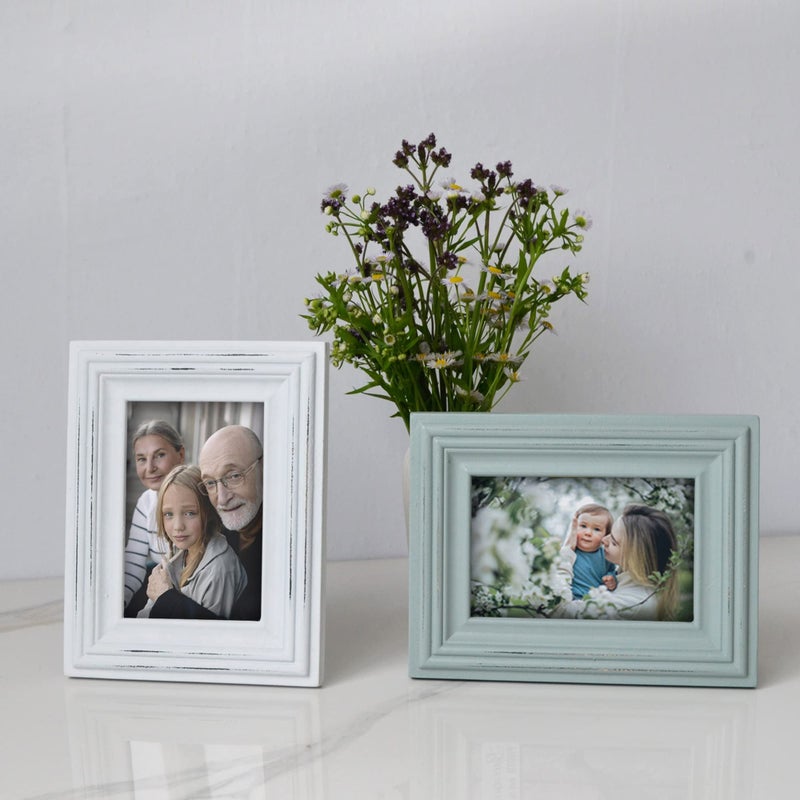 Buecasa Rustic 4x6 Inches Wooden Picture Frame Pack of 2 Vintage Cyan and White in Gift Box - Distressed Wood High Definition Glass Photo Frame Outside 6x8 Inches - Image 2
