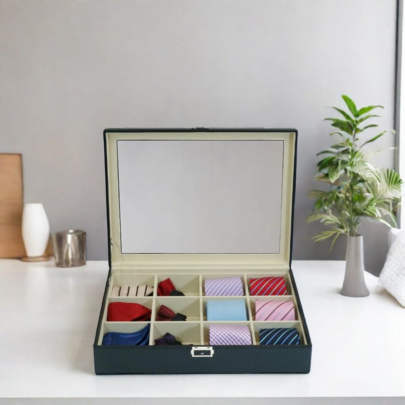 TimelyBuys Tie Display Case for 12 Ties, Belts, and Men's Accessories Black Carbon Fiber Storage Box Father's Day - Image 5
