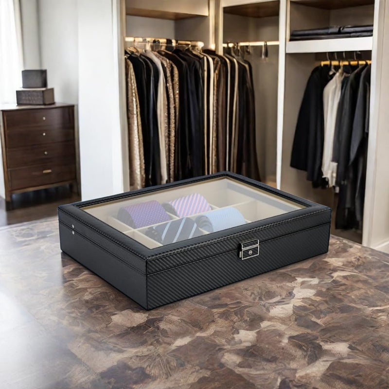 TimelyBuys Tie Display Case for 12 Ties, Belts, and Men's Accessories Black Carbon Fiber Storage Box Father's Day - Image 4