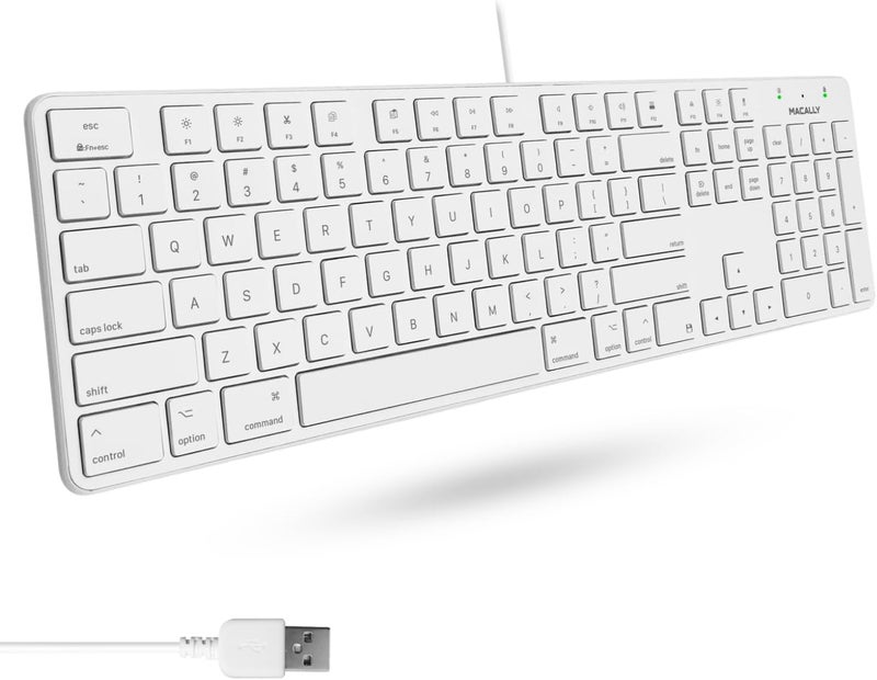 MACALLY Slim USB Wired Keyboard for Mac and Windows PC - Full Size 104 Key Layout & 16 Shortcut Keys - Scissor Keycaps for Smooth Typing - Mac Wired Keyboard with Numeric Keypad - Image 1