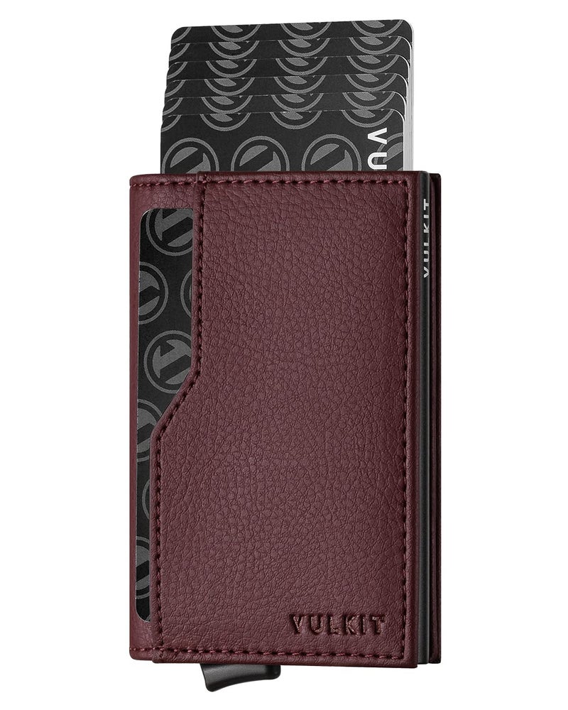 VULKIT محفظة حامل بطاقات VULKIT مع نوافذ مزدوجة للهوية، محفظة مقاومة للترددات الراديوية، تصميم بسيط لـ 12 بطاقة، أحمر داكن - Image 1