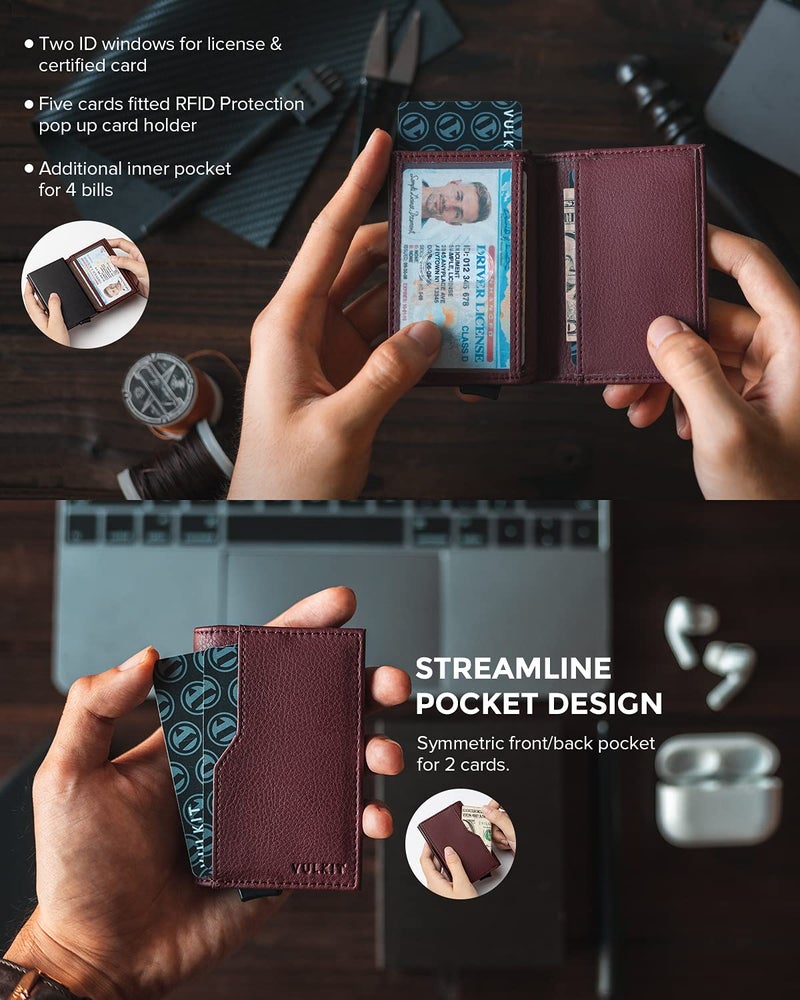 VULKIT محفظة حامل بطاقات VULKIT مع نوافذ مزدوجة للهوية، محفظة مقاومة للترددات الراديوية، تصميم بسيط لـ 12 بطاقة، أحمر داكن - Image 3