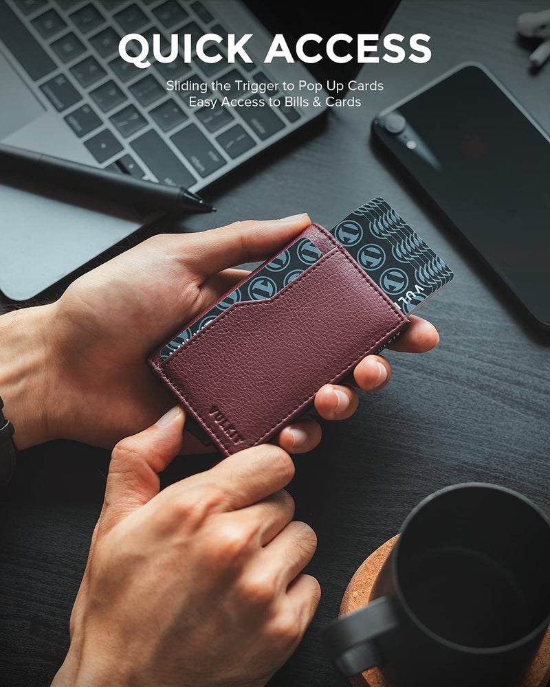 VULKIT محفظة حامل بطاقات VULKIT مع نوافذ مزدوجة للهوية، محفظة مقاومة للترددات الراديوية، تصميم بسيط لـ 12 بطاقة، أحمر داكن - Image 2