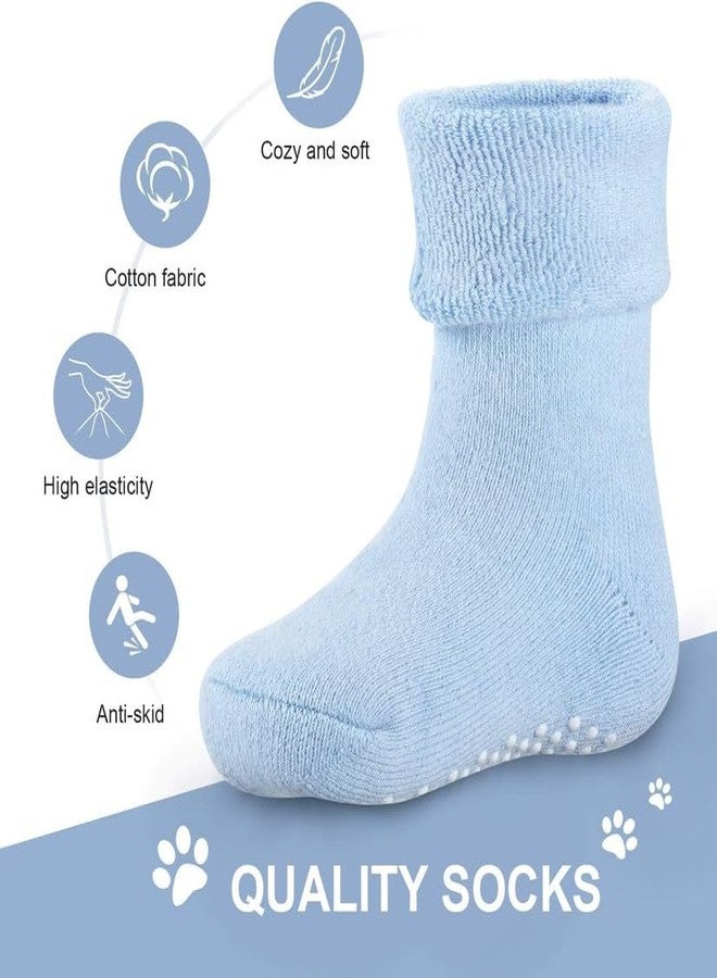 MIKONIKO جوارب مكونيكو للأطفال من الأولاد والبنات، جوارب سميكة دافئة غير قابلة للانزلاق من القطن، جوارب كاحل مع مقبضات، عبوة من 4، 0-6 أشهر - Image 5