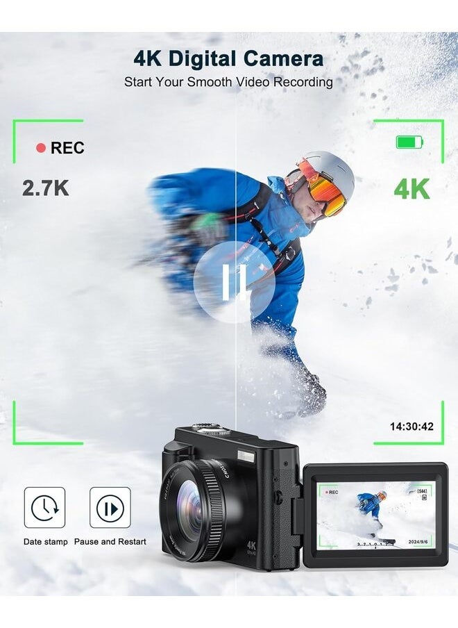 Generic 4K Digital Camera for Photography and Video, Autofocus Anti-Shake 48MP Vlogging Camera for YouTube, 3'' 180°Flip Screen Camera with Flash 16X Zoom, Digital Camera with 32GB Card Battery Charger Black  - Image 2